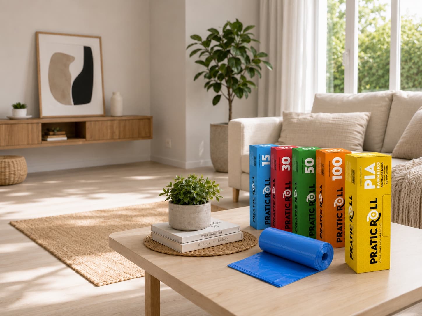 Linha completa Pratic Roll — caixas dos tamanhos 15L, 30L, 50L, 100L e Pia, com um rolo de sacos azul, em uma sala de estar iluminada